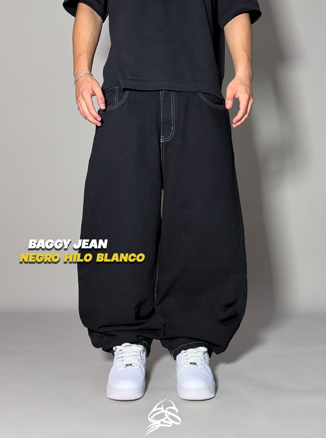 Baggy Jean Negro hilo Blanco