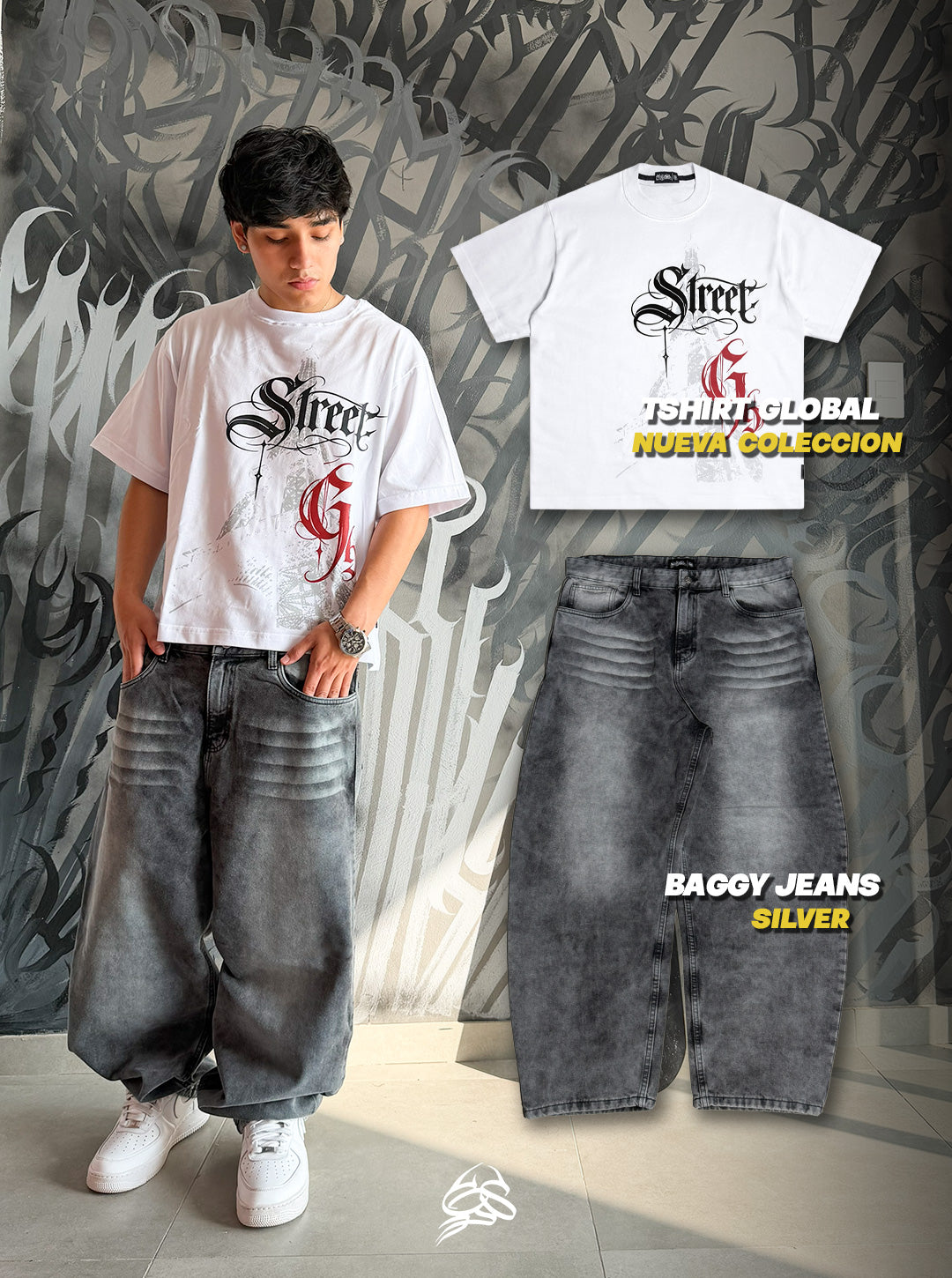Outfit Inspo 4: Baggy Jean Silver + Tshirt Blanco