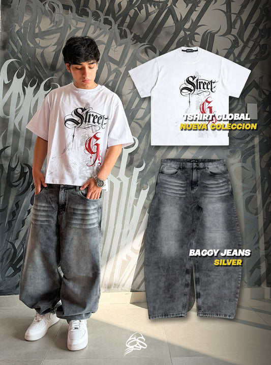 Outfit Inspo 4: Baggy Jean Silver + Tshirt Blanco